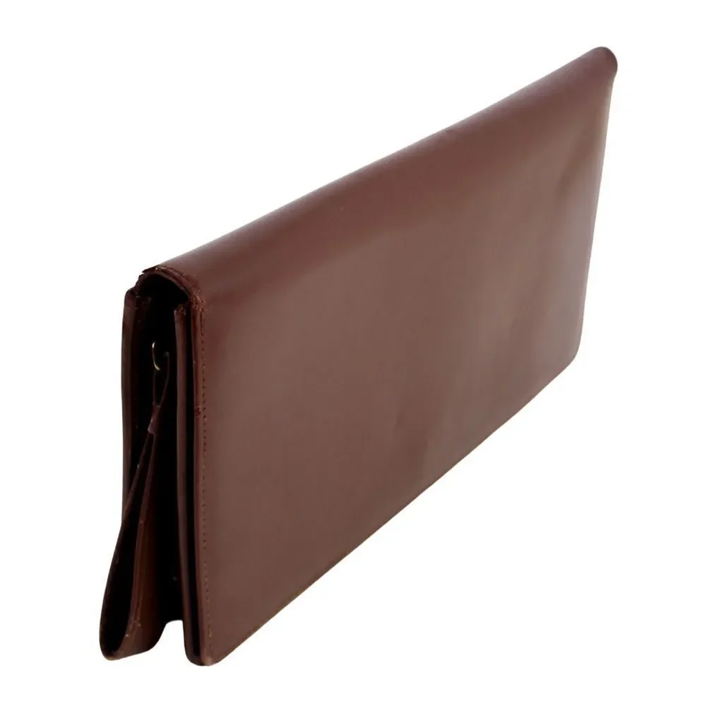 Vintage BROWN GENUINE LEATHER FLAP LONG CLUTCH WALLET ORGANIZER WRISTLET PURSE